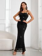 Spaghetti Strap Black Sequin Mermaid Maxi Party Gown