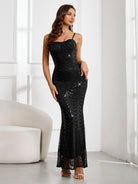 Mermaid Black Sequin Maxi Gown with Spaghetti Straps for Parties