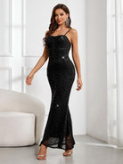 Sequin Spaghetti Strap Black Maxi Gown - Mermaid Party Style