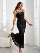 Elegant Black Sequin Mermaid Maxi Gown with Spaghetti Straps for Parties