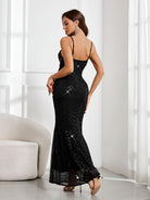 Maxi Party Gown - Black Sequin Mermaid with Spaghetti Straps