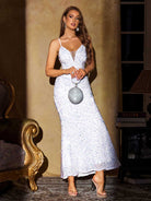 Spaghetti Strap White Sequin Mermaid Gown - Deep V-Neck