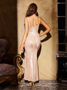 Elegant Champagne Sequin Mermaid Gown with a Deep V-Neck Slip