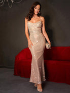 Draped Neck Champagne Sequin Slip A-line Maxi Dress