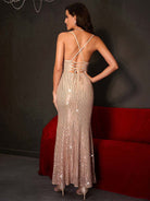 Elegant Champagne Sequin A-line Maxi Dress - Draped Neck Slip