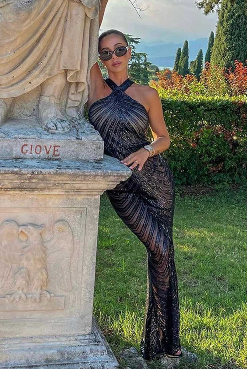 Slip Strapless Party Maxi Gown in Black Sequins