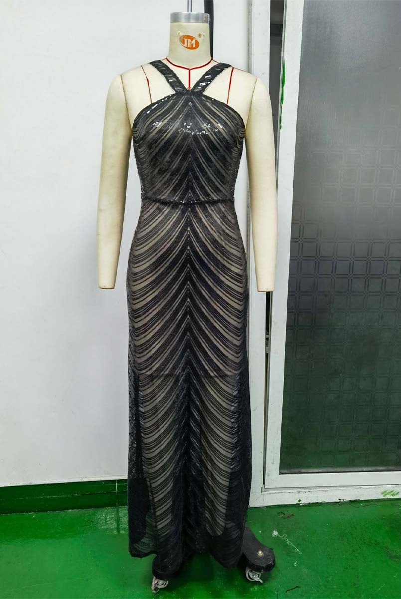 Sequin Strapless Party Maxi Gown - Black Slip Style