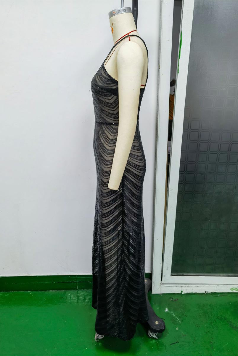 Elegant Black Sequin Strapless Party Maxi Gown with Slip