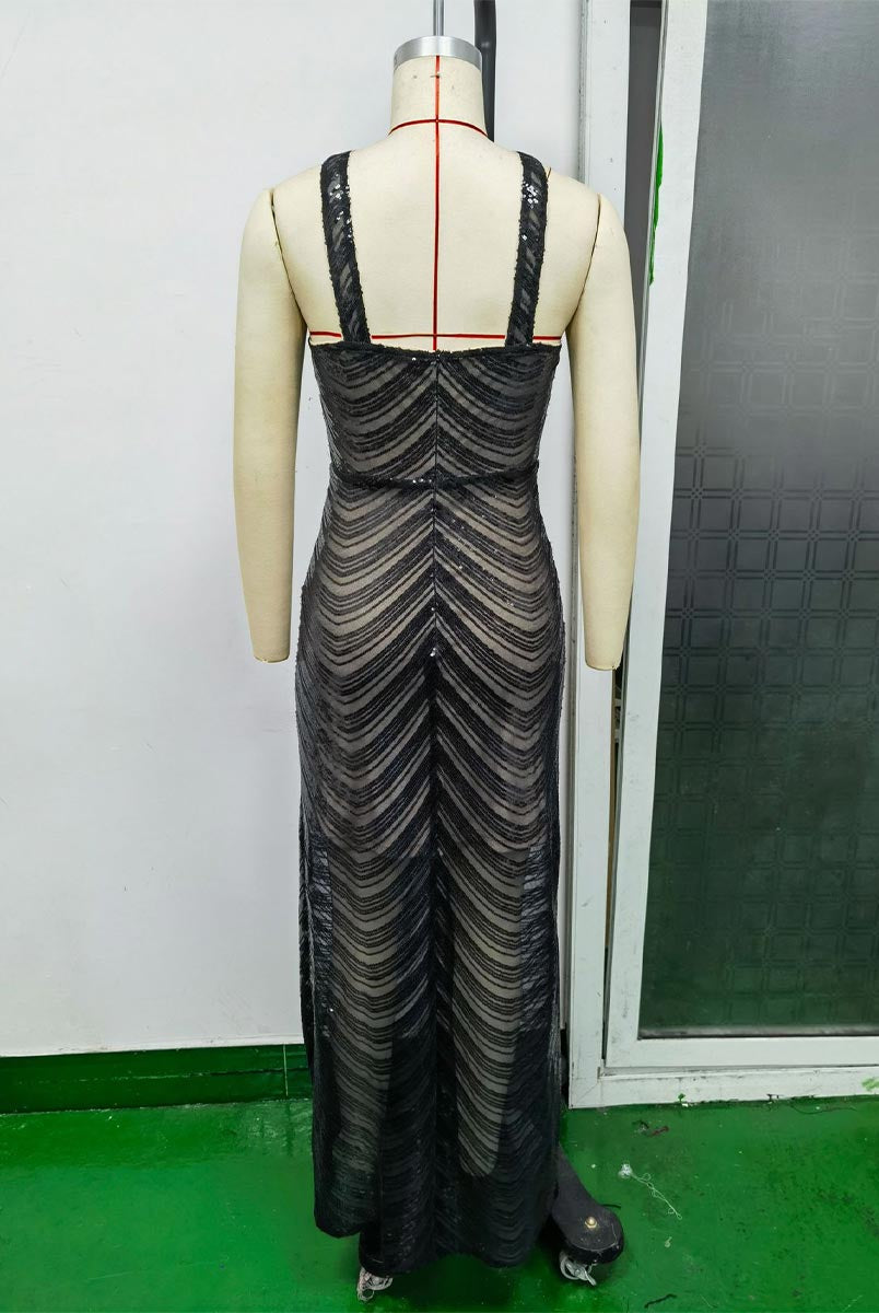 Sparkling Black Maxi Gown - Sequin, Strapless Slip, Party