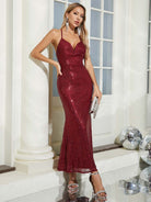 Sexy Burgundy Sequin Party Gown with Deep V-Neck