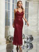 Burgundy Sequin Party Gown - Sexy Deep V-Neck