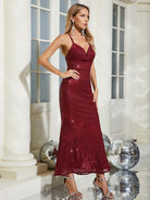 Glamorous Sexy Burgundy Sequin Gown with Deep V-Neck