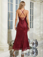 Sparkling Deep V-Neck Burgundy Sequin Party Gown