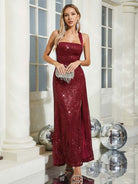 Burgundy Sequin Gown with Front Slit and Lace-Up Back