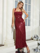 Front Slit Sequin Burgundy Gown with Lace-Up Back