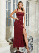 Burgundy Gown - Sequin, Front Slit, and Lace-Up Back