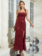 Elegant Burgundy Gown with Sequins, Front Slit, Lace-Up Back