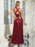 Gown - Sequin Burgundy, Lace-Up Back, Front Slit
