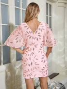 Chic Pink Bodycon Dress - Sequin, Plunging V-Neck, Bell Sleeves