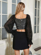 Sparkling Sequin Bustier Crop Top - Long Mesh Sleeves