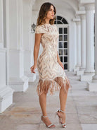 Fringe Sequin Cap Sleeve Dress with a Stand Collar