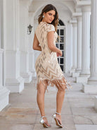 Elegant Sequin Dress - Stand Collar, Cap Sleeves, Fringe Detail