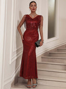 Fringe Sequin Deep V-Neck Mermaid Gown