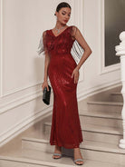 Sequin Fringe Deep V-Neck Mermaid Gown