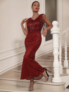 Mermaid Gown with Fringe and Deep V-Neck Sequins