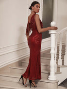 Elegant Sequin Mermaid Gown - Deep V-Neck with Fringe