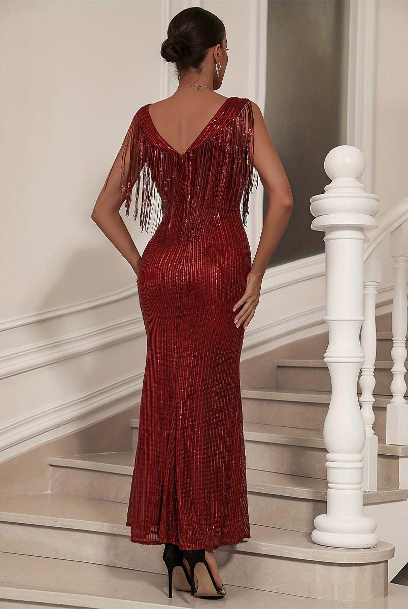 Sparkling Fringe Sequin Mermaid Gown with a Deep V-Neck