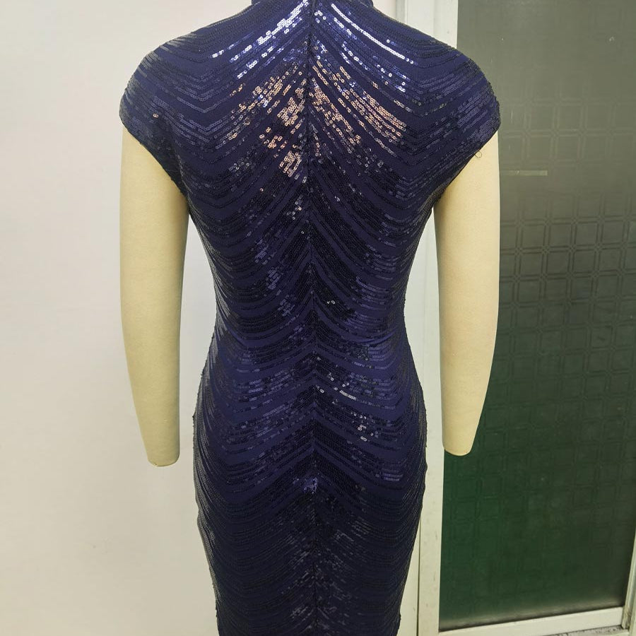 Bodycon Dress - Sequin with Mandarin Collar Detail