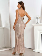 Slit Sequin Deep V-Neck Spaghetti Strap Party Gown