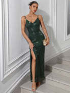 Sequin Party Gown - Deep V-Neck, Slit, Spaghetti Strap