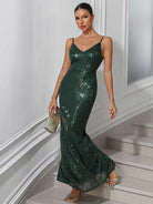 Elegant Sequin Party Gown with Deep V-Neck, Slit, and Spaghetti Straps