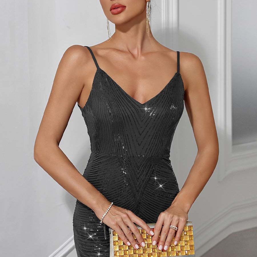 Glamorous Sequin Party Gown - Deep V-Neck, Spaghetti Strap, Thigh Slit