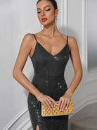 Glamorous Sequin Party Gown - Deep V-Neck, Spaghetti Strap, Thigh Slit