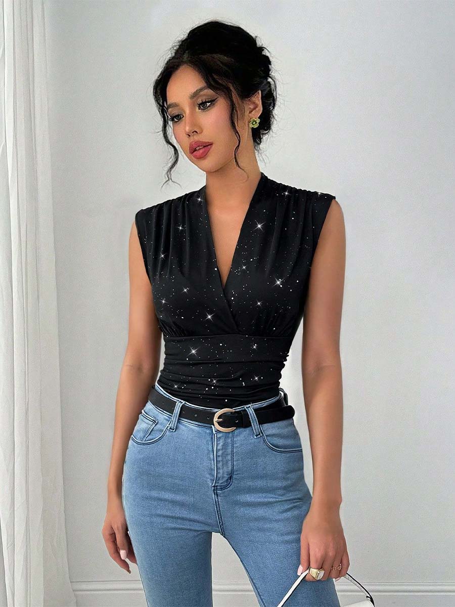 Women's Sequin Tank Top for Summer with V-Neck