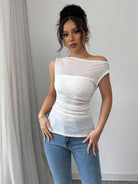 Sequin Ruched Hem Asymmetrical Neck Summer T-Shirt
