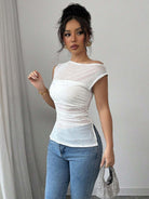 Ruched Hem Sequin Asymmetrical Neck Summer T-Shirt