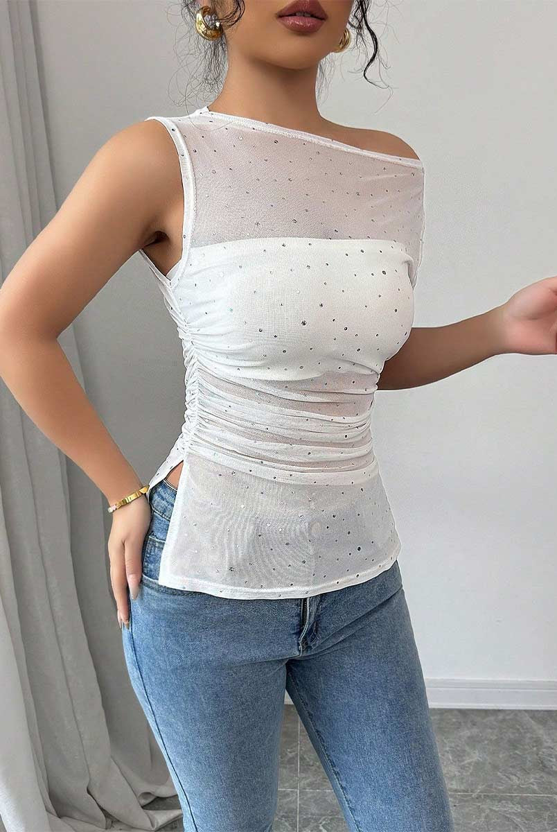 Summer Sequin Asymmetrical Neck Ruched Hem T-Shirt