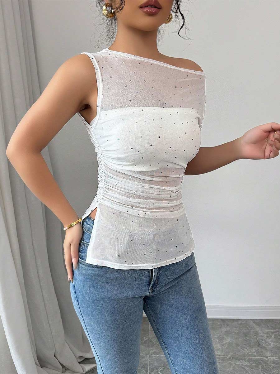 Summer Sequin Asymmetrical Neck Ruched Hem T-Shirt