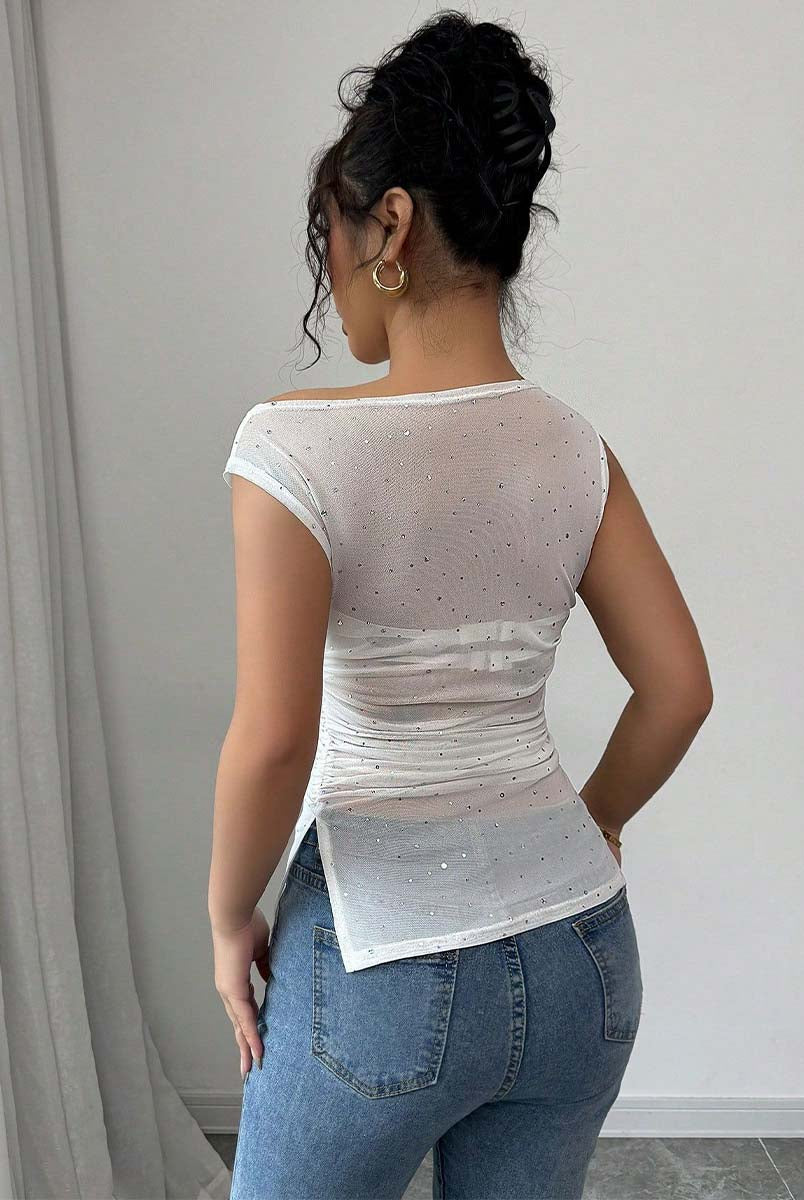 Ruched Hem Summer Top with Sequin Asymmetrical Neck