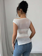 Ruched Hem Summer Top with Sequin Asymmetrical Neck