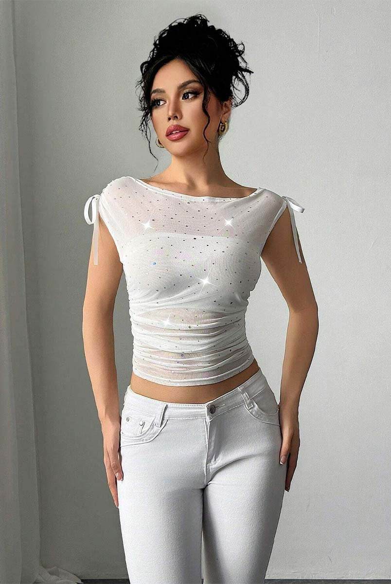 Bow Detail Sequin Mesh Ruched Summer T-Shirt