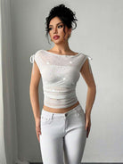 Bow Detail Sequin Mesh Ruched Summer T-Shirt