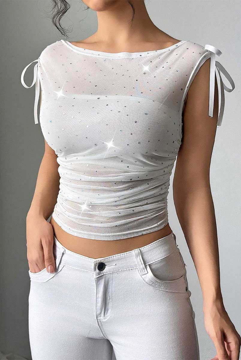 Ruched Sequin Mesh Bow Detail Summer T-Shirt
