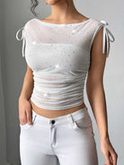Ruched Sequin Mesh Bow Detail Summer T-Shirt