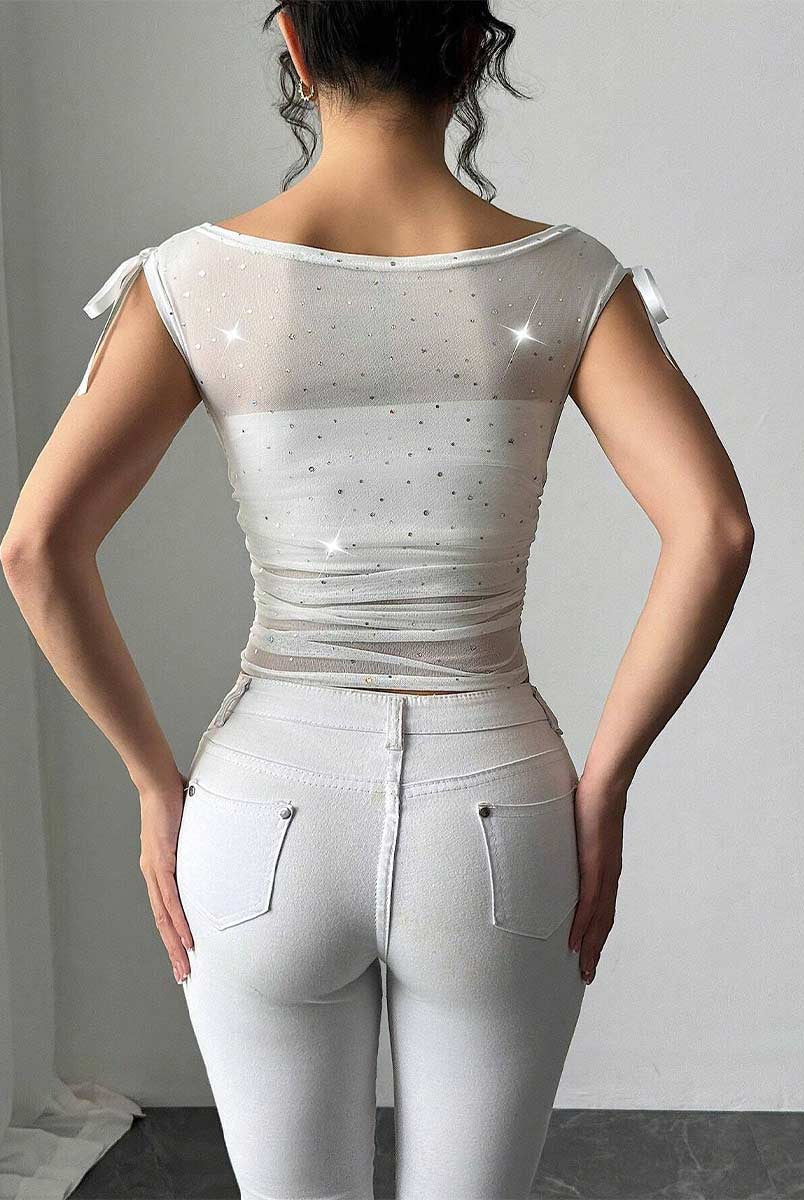 Sequin Bow Detail Mesh Ruched Summer T-Shirt