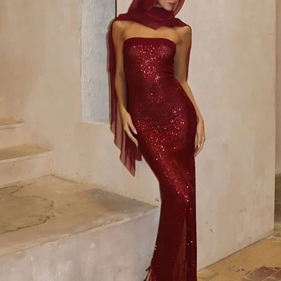Sequin Slim-Fit Strapless Backless Gown with Slit